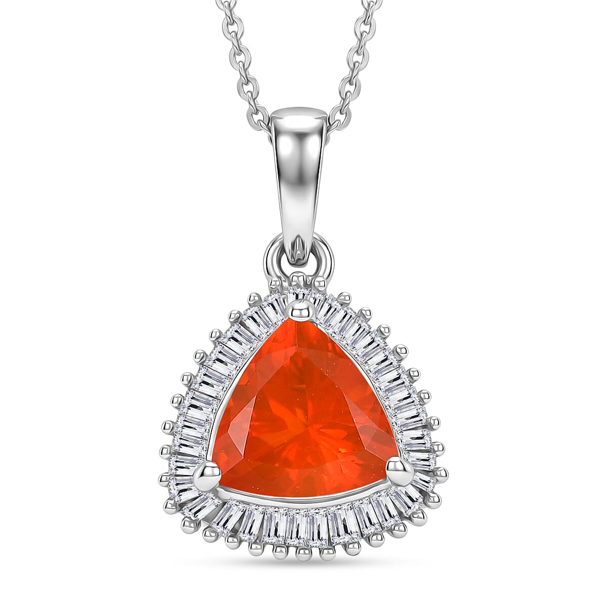 D'Joy Fire Opal & Natural White Diamond Pendant with Chain (Size 20) in Rhodium Overlay Sterling Silver 1.54 Ct.