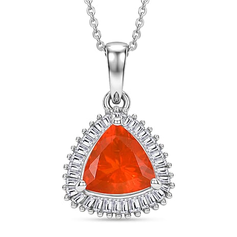 D'Joy Fire Opal & Natural White Diamond Pendant with Chain (Size 20) in Rhodium Overlay Sterling Silver 1.54 Ct.