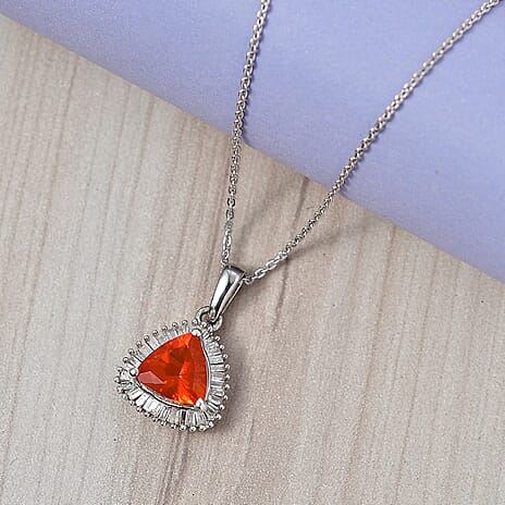 D'Joy Fire Opal & Natural White Diamond Pendant with Chain (Size 20) in Rhodium Overlay Sterling Silver 1.54 Ct.