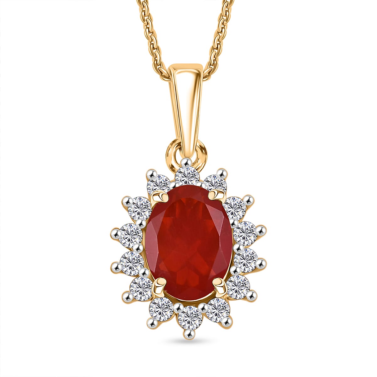 D'Joy Fire Opal & Moissanite Halo Pendant with Chain (Size 20) in 18K Vermeil Yellow Gold Plated Sterling Silver 1.00 Ct.