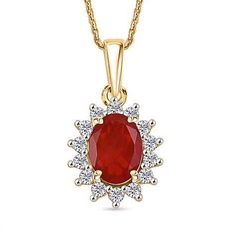 D'Joy Fire Opal & Moissanite Halo Pendant with Chain (Size 20) in 18K Vermeil Yellow Gold Plated Sterling Silver 1.00 Ct.
