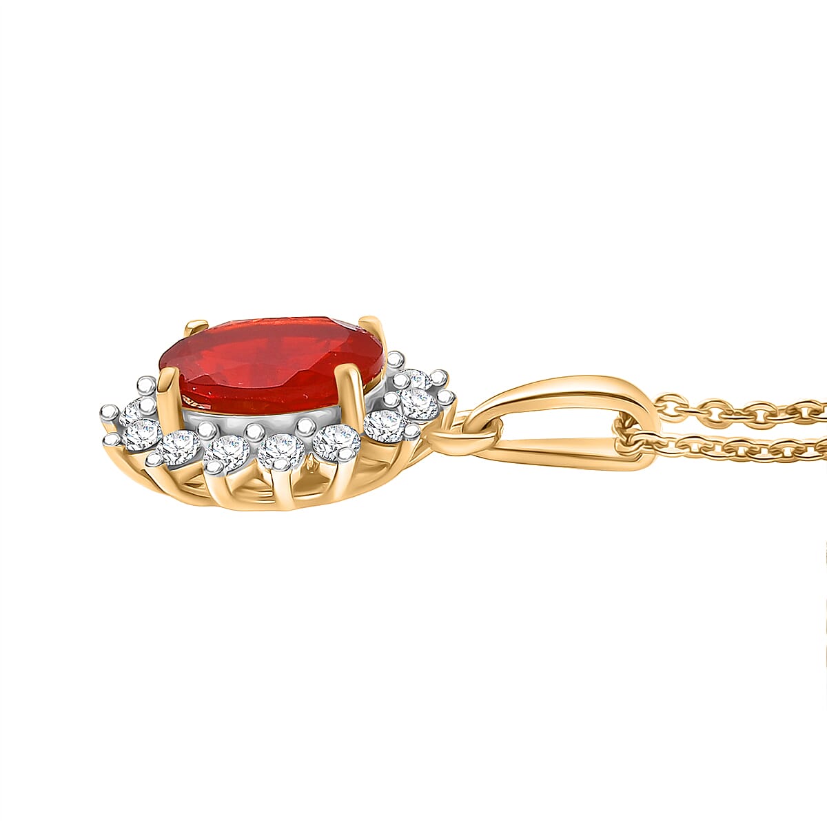 D'Joy Fire Opal & Moissanite Halo Pendant with Chain (Size 20) in 18K Vermeil Yellow Gold Plated Sterling Silver 1.00 Ct.