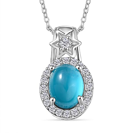 D'Joy Paraiba Moonstone & White Zircon Pendant with Chain (Size 20) in Platinum Overlay Sterling Silver 2.77 Ct.