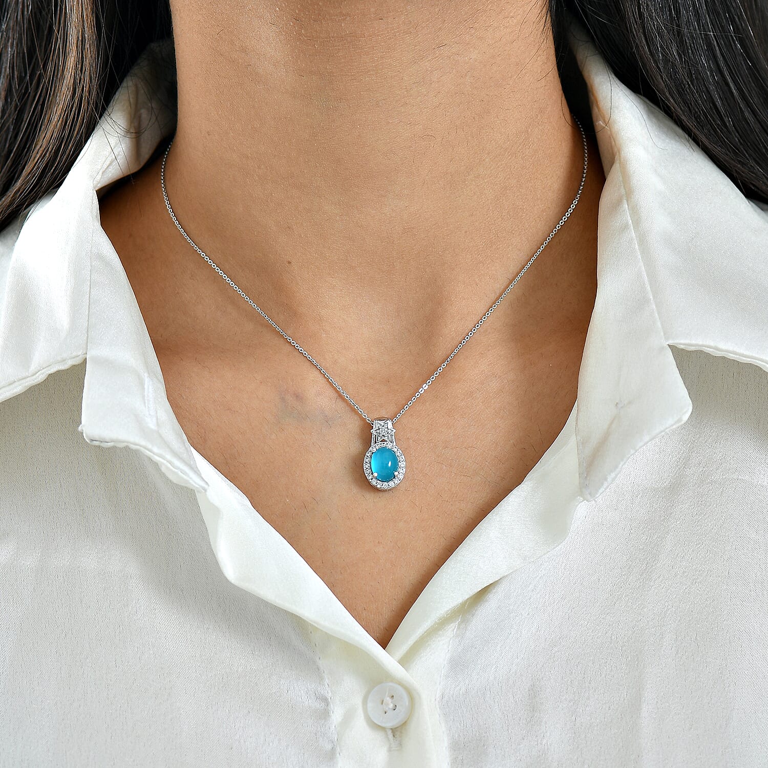 D'Joy Paraiba Moonstone & White Zircon Pendant with Chain (Size 20) in Platinum Overlay Sterling Silver 2.77 Ct.