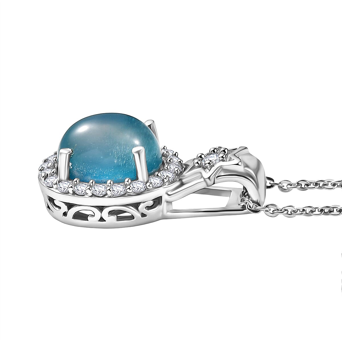 D'Joy Paraiba Moonstone & White Zircon Pendant with Chain (Size 20) in Platinum Overlay Sterling Silver 2.77 Ct.