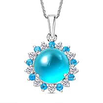 D'Joy Paraiba Moonstone, Neon Apatite & White Zircon Pendant with Chain (Size 20) in Rhodium Overlay Sterling Silver 4.79 Ct.