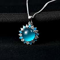 D'Joy Paraiba Moonstone, Neon Apatite & White Zircon Pendant with Chain (Size 20) in Rhodium Overlay Sterling Silver 4.79 Ct.