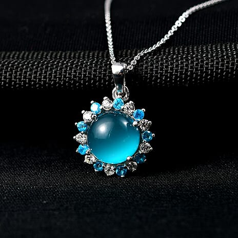 D'Joy Paraiba Moonstone, Neon Apatite & White Zircon Pendant with Chain (Size 20) in Rhodium Overlay Sterling Silver 4.79 Ct.
