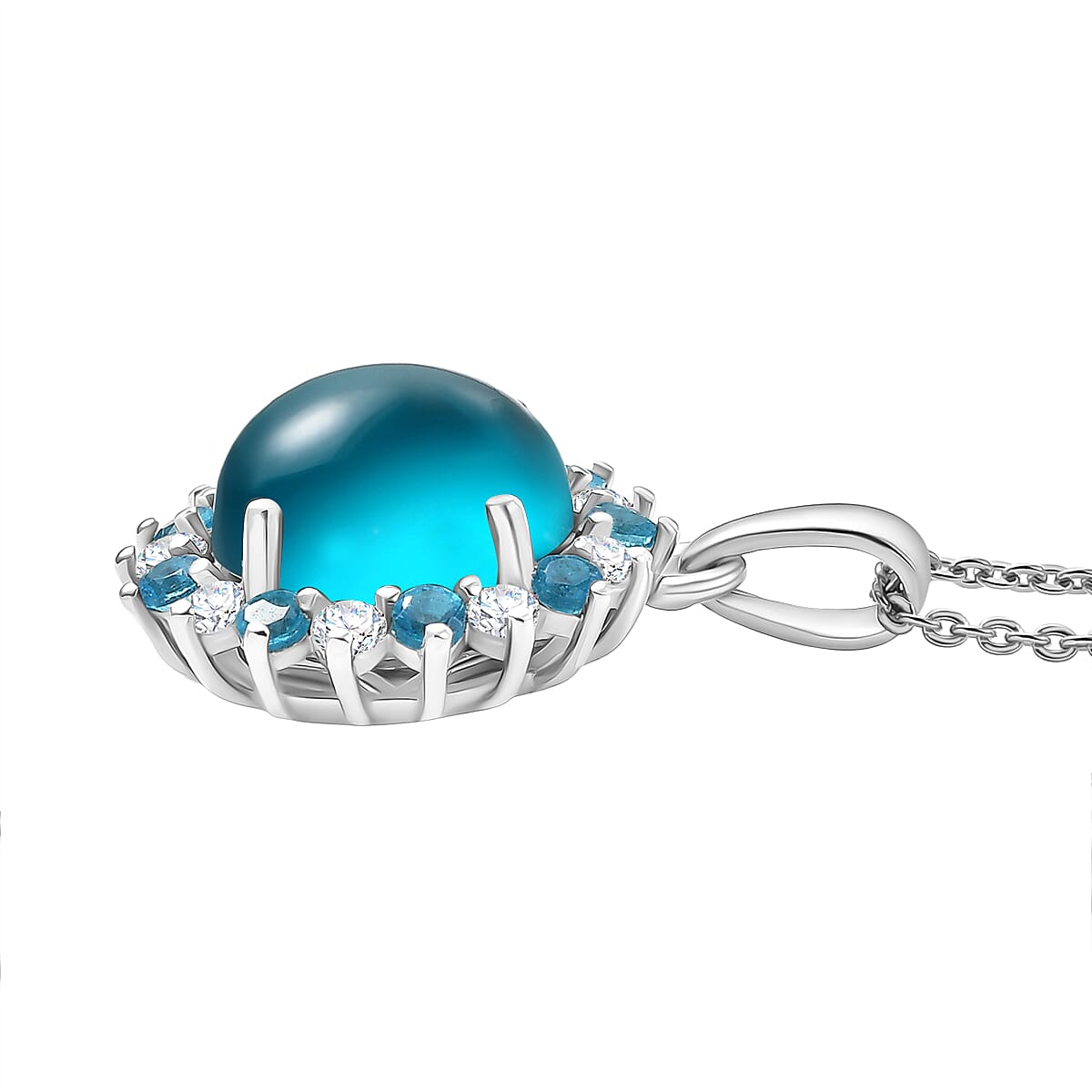 D'Joy Paraiba Moonstone, Neon Apatite & White Zircon Pendant with Chain (Size 20) in Rhodium Overlay Sterling Silver 4.79 Ct.