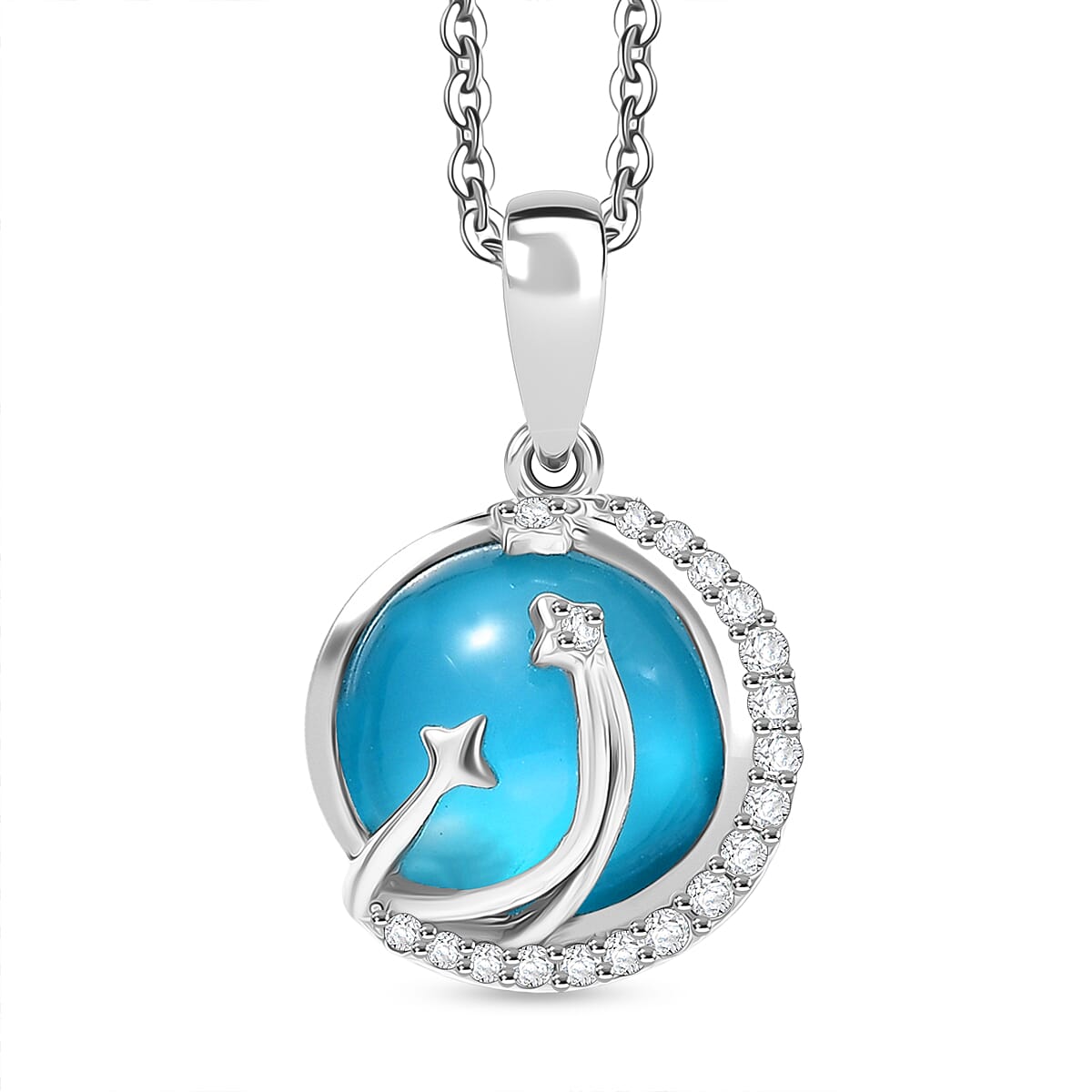 D'Joy Paraiba Moonstone & White Zircon Pendant with Chain (Size 20) in Platinum Overlay Sterling Silver 4.15 Ct.