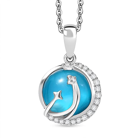 D'Joy Paraiba Moonstone & White Zircon Pendant with Chain (Size 20) in Platinum Overlay Sterling Silver 4.15 Ct.
