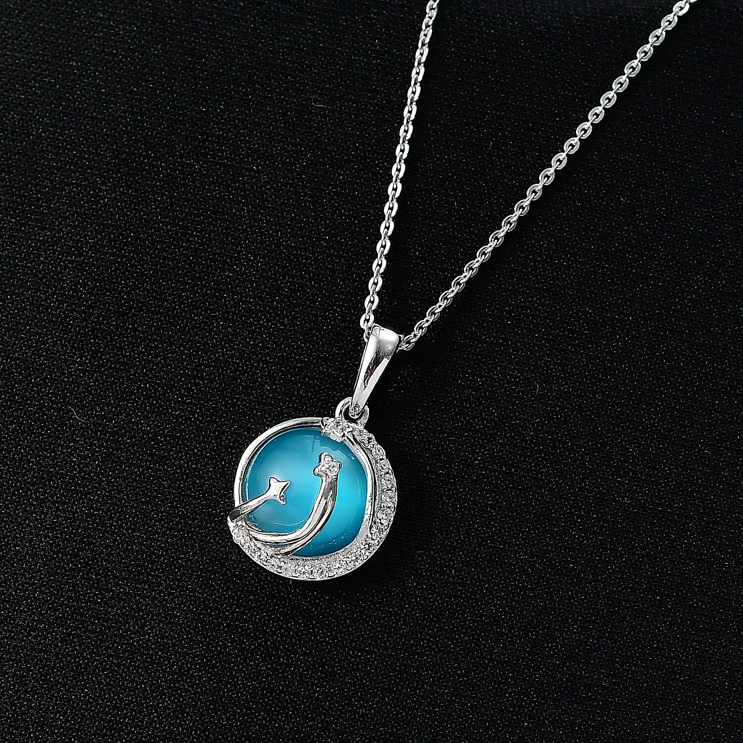 D'Joy Paraiba Moonstone & White Zircon Pendant with Chain (Size 20) in Platinum Overlay Sterling Silver 4.15 Ct.