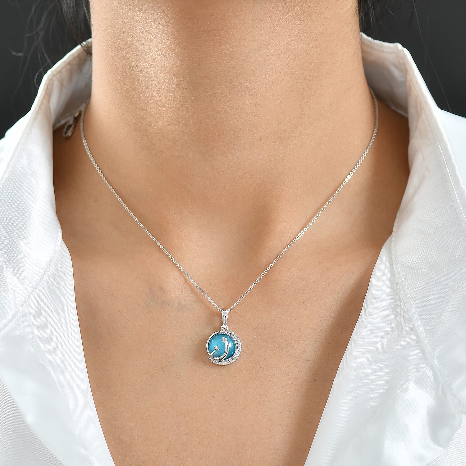 D'Joy Paraiba Moonstone & White Zircon Pendant with Chain (Size 20) in Platinum Overlay Sterling Silver 4.15 Ct.