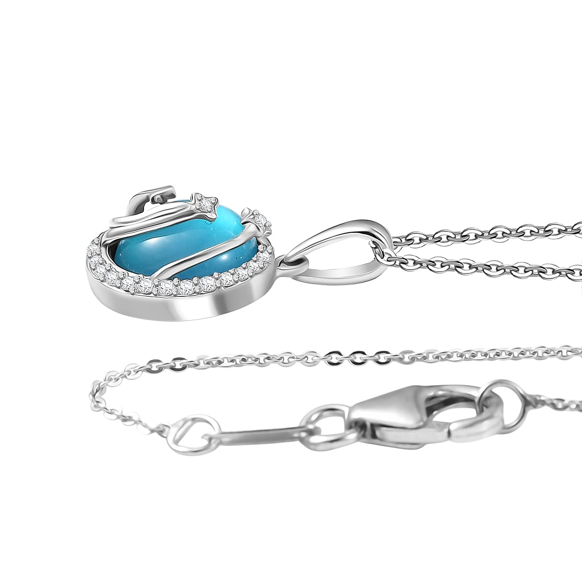 D'Joy Paraiba Moonstone & White Zircon Pendant with Chain (Size 20) in Platinum Overlay Sterling Silver 4.15 Ct.