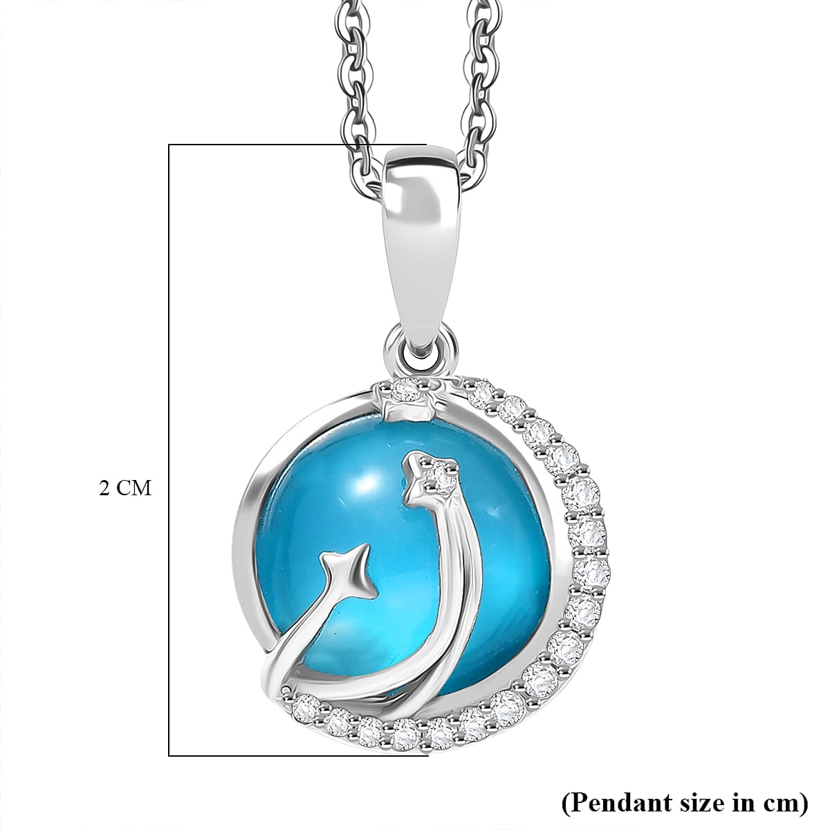 D'Joy Paraiba Moonstone & White Zircon Pendant with Chain (Size 20) in Platinum Overlay Sterling Silver 4.15 Ct.