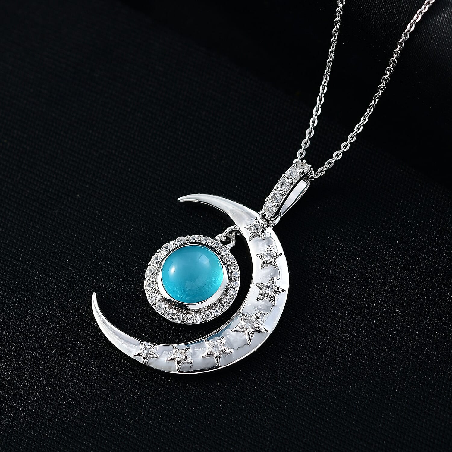 D'Joy Paraiba Moonstone & White Zircon Pendant with Chain (Size 20) in Rhodium Overlay Sterling Silver 2.91 Ct.