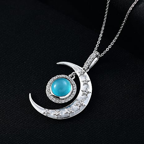 D'Joy Paraiba Moonstone & White Zircon Pendant with Chain (Size 20) in Rhodium Overlay Sterling Silver 2.91 Ct.