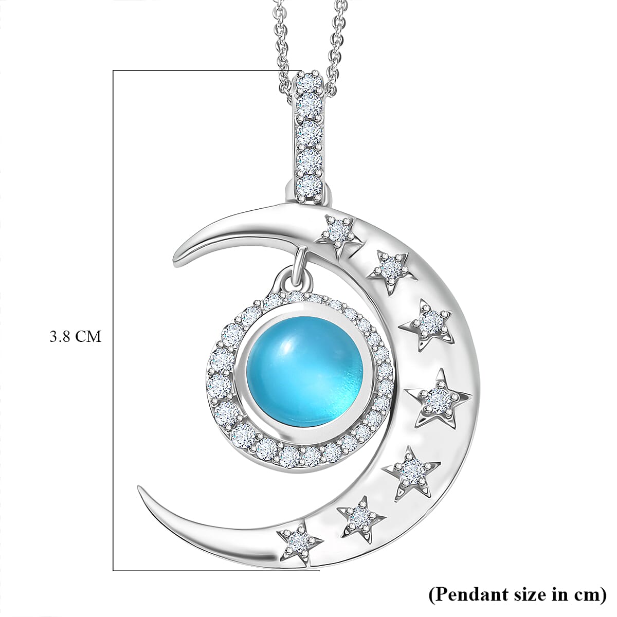 D'Joy Paraiba Moonstone & White Zircon Pendant with Chain (Size 20) in Rhodium Overlay Sterling Silver 2.91 Ct.