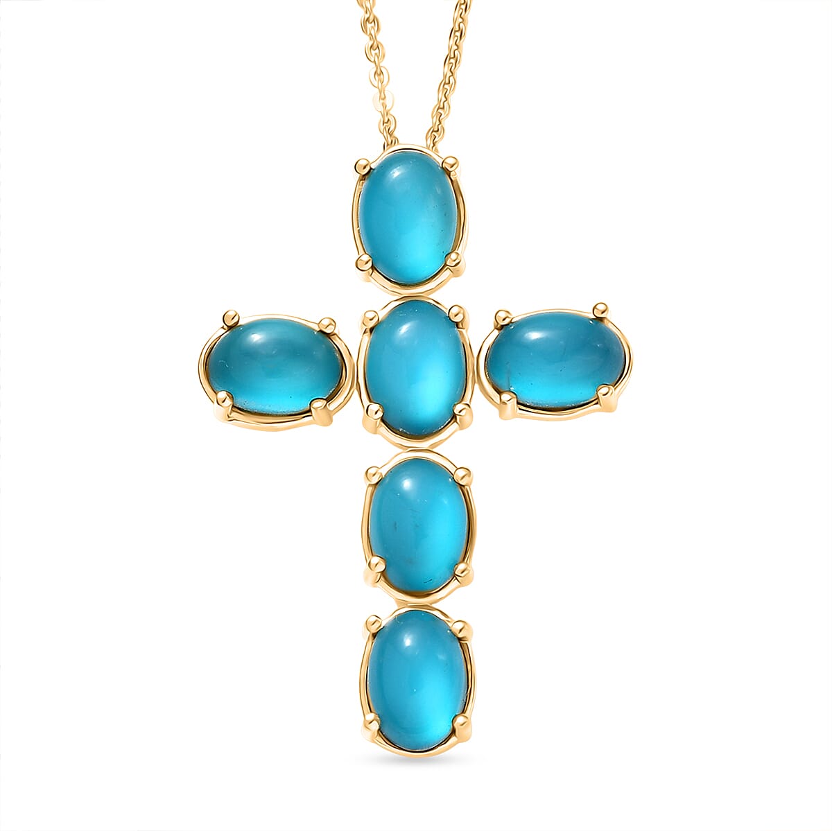 D'Joy Paraiba Moonstone Cross Pendant with Chain (Size 20) in Yellow Gold Plated Sterling Silver 5.05 Ct.