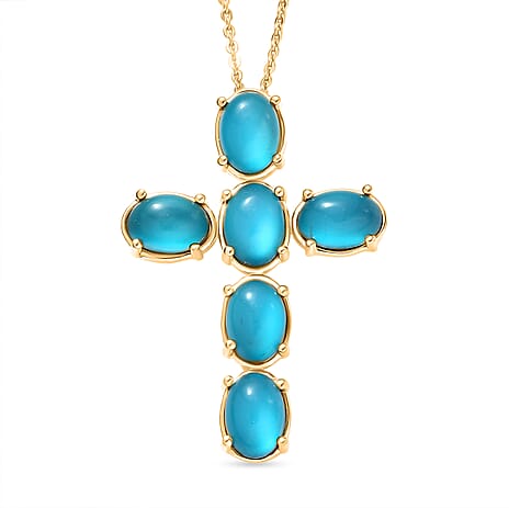 D'Joy Paraiba Moonstone Cross Pendant with Chain (Size 20) in Yellow Gold Plated Sterling Silver 5.05 Ct.