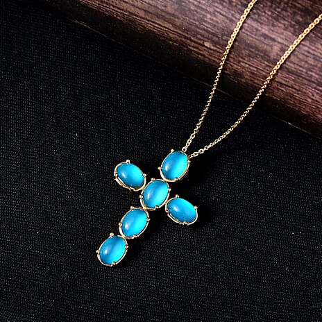 D'Joy Paraiba Moonstone Cross Pendant with Chain (Size 20) in Yellow Gold Plated Sterling Silver 5.05 Ct.