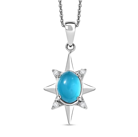 D'Joy Paraiba Moonstone & White Zircon Pendant with Chain (Size 20) in Platinum Overlay Sterling Silver 1.82 Ct.