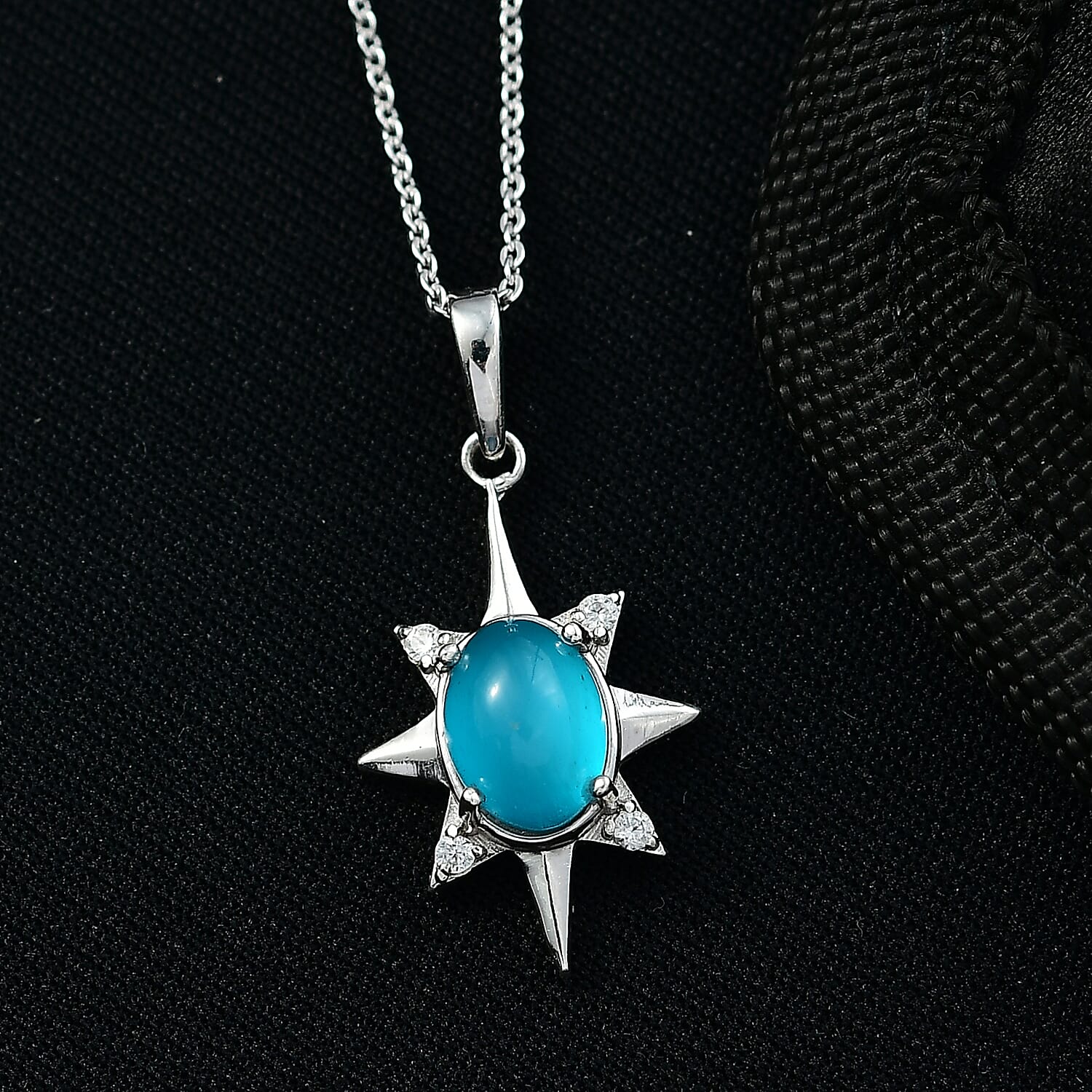 D'Joy Paraiba Moonstone & White Zircon Pendant with Chain (Size 20) in Platinum Overlay Sterling Silver 1.82 Ct.