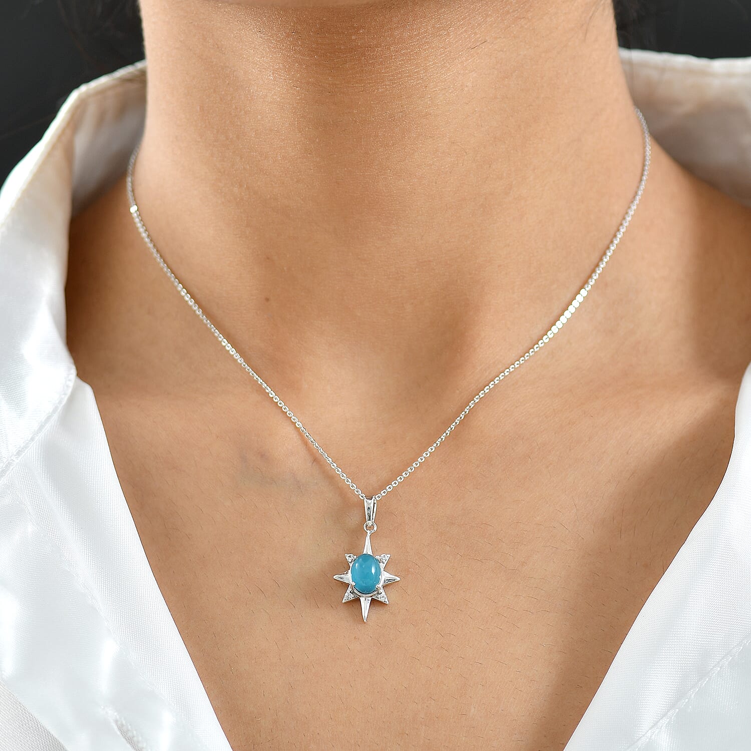 D'Joy Paraiba Moonstone & White Zircon Pendant with Chain (Size 20) in Platinum Overlay Sterling Silver 1.82 Ct.