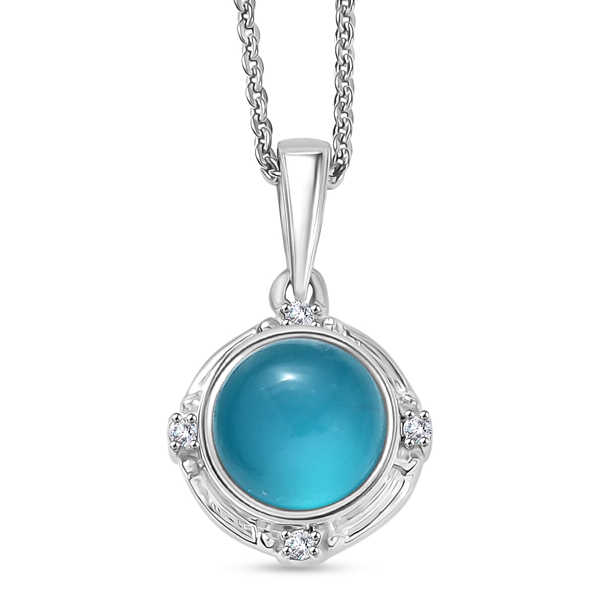 D'Joy Paraiba Moonstone & White Zircon Pendant with Chain (Size 20) in Platinum Overlay Sterling Silver 1.68 Ct.