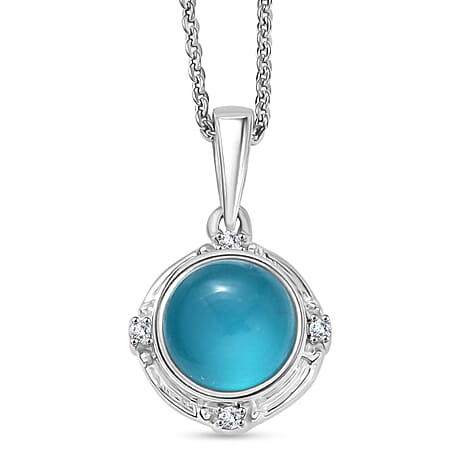 D'Joy Paraiba Moonstone & White Zircon Pendant with Chain (Size 20) in Platinum Overlay Sterling Silver 1.68 Ct.