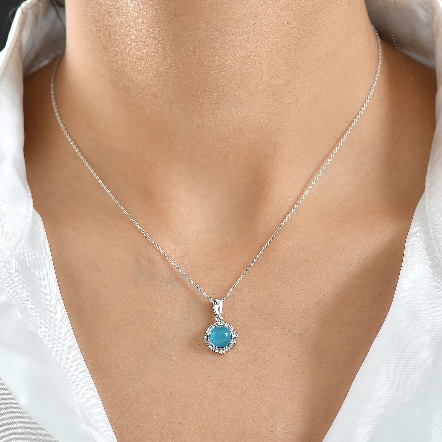 D'Joy Paraiba Moonstone & White Zircon Pendant with Chain (Size 20) in Platinum Overlay Sterling Silver 1.68 Ct.
