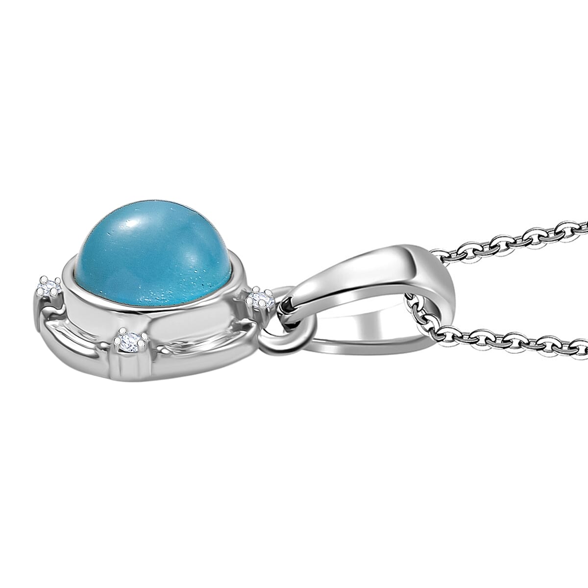 D'Joy Paraiba Moonstone & White Zircon Pendant with Chain (Size 20) in Platinum Overlay Sterling Silver 1.68 Ct.