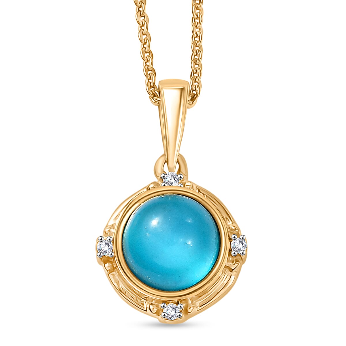 D'Joy Paraiba Moonstone & White Zircon Pendant with Chain (Size 20) in Yellow Gold Plated Sterling Silver 1.68 Ct.