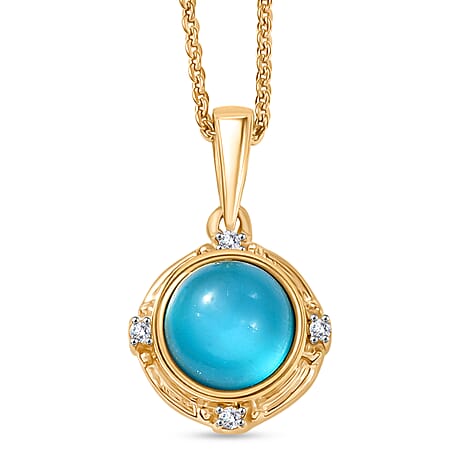 D'Joy Paraiba Moonstone & White Zircon Pendant with Chain (Size 20) in Yellow Gold Plated Sterling Silver 1.68 Ct.
