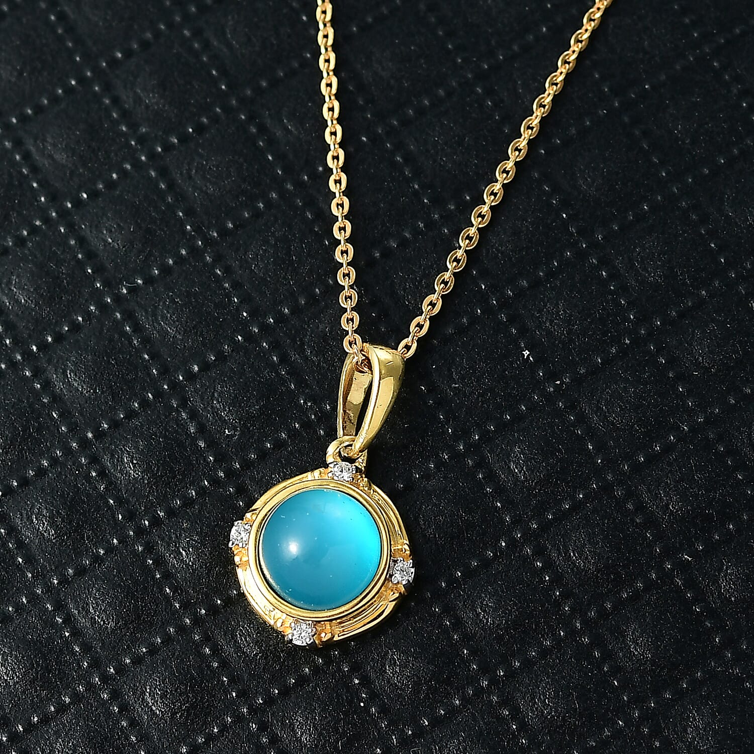 D'Joy Paraiba Moonstone & White Zircon Pendant with Chain (Size 20) in Yellow Gold Plated Sterling Silver 1.68 Ct.