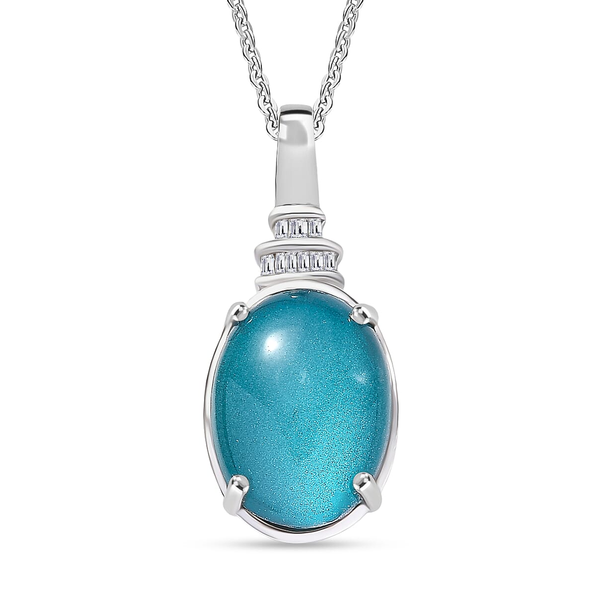D'Joy Paraiba Moonstone & White Diamond Pendant with Chain (Size 20) in Rhodium Overlay Sterling Silver 5.89 Ct.