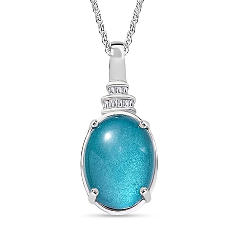D'Joy Paraiba Moonstone & White Diamond Pendant with Chain (Size 20) in Rhodium Overlay Sterling Silver 5.89 Ct.