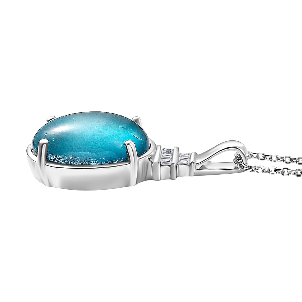 D'Joy Paraiba Moonstone & White Diamond Pendant with Chain (Size 20) in Rhodium Overlay Sterling Silver 5.89 Ct.