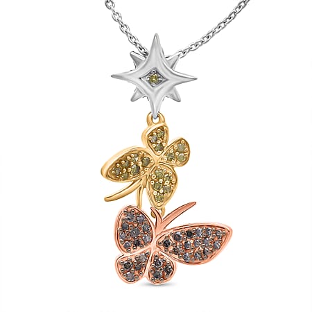 GP - Italian Garden Collection Champagne Diamond (SI-CP), Kanchanaburi Blue Sapphire & Yellow Diamond Pendant with Chain (Size 20) in Tri Colour Tone Sterling Silver 0.28 Ct.