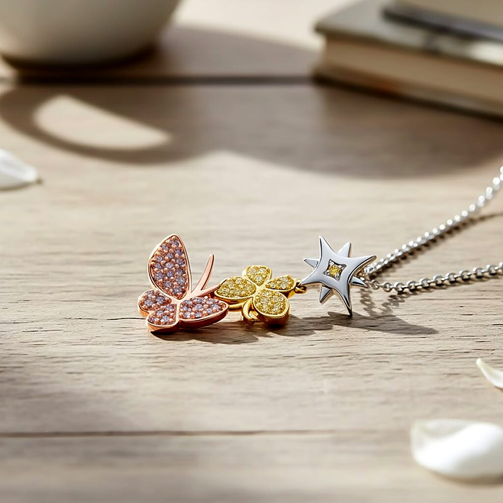 GP - Italian Garden Collection Champagne Diamond (SI-CP), Kanchanaburi Blue Sapphire & Yellow Diamond Pendant with Chain (Size 20) in Tri Colour Tone Sterling Silver 0.28 Ct.