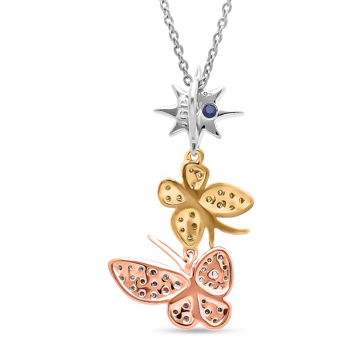 GP - Italian Garden Collection Champagne Diamond (SI-CP), Kanchanaburi Blue Sapphire & Yellow Diamond Pendant with Chain (Size 20) in Tri Colour Tone Sterling Silver 0.28 Ct.