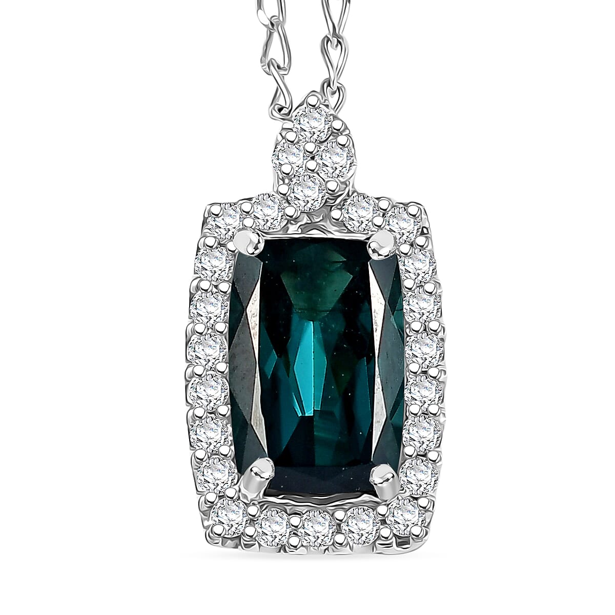 RHAPSODY 950 Platinum AGI Certified Indicolite & VS-EF White Diamond Pendant with Chain (Size 21) 2.00 Ct, Platinum Wt. 4.80 Gms