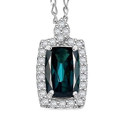 RHAPSODY 950 Platinum AGI Certified Indicolite & VS-EF White Diamond Pendant with Chain (Size 21) 2.00 Ct, Platinum Wt. 4.80 Gms