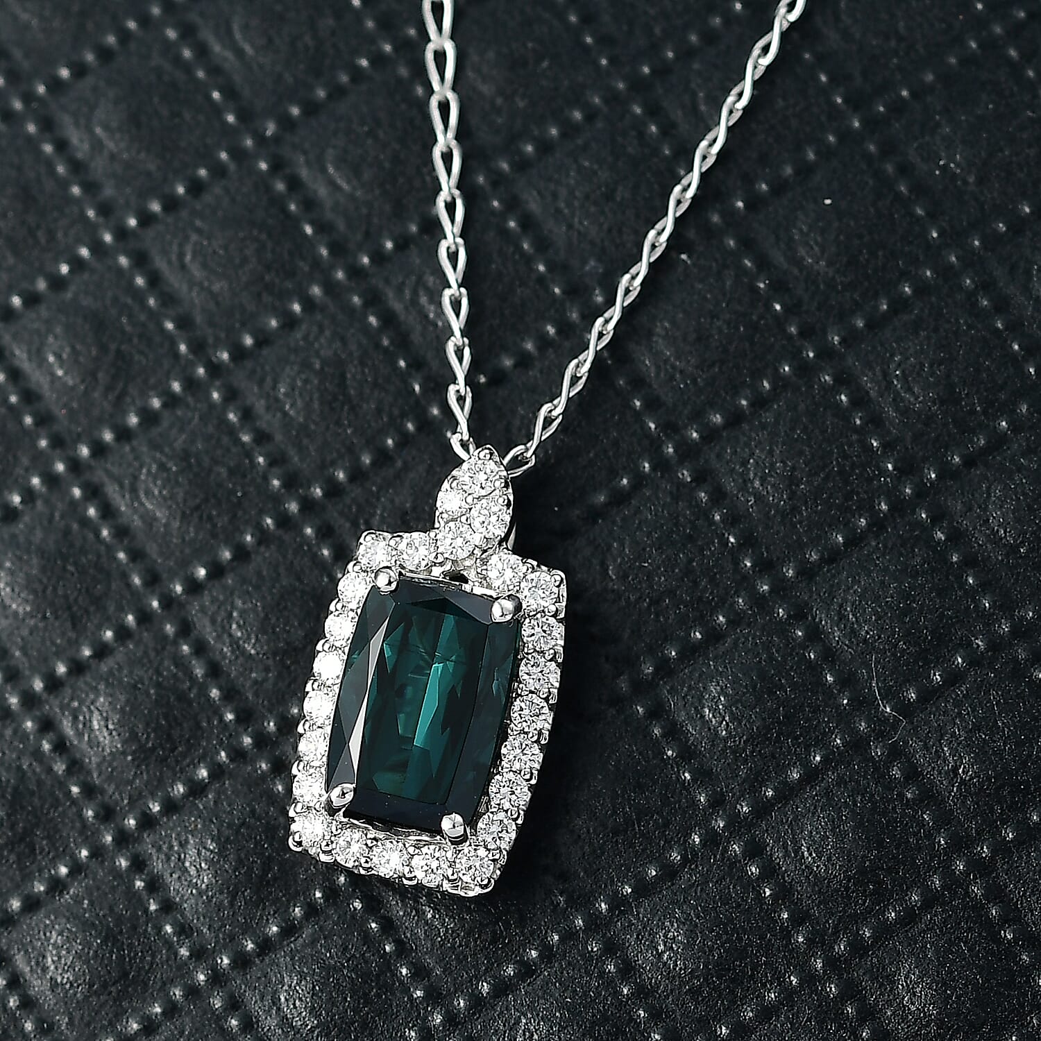 RHAPSODY 950 Platinum AGI Certified Indicolite & VS-EF White Diamond Pendant with Chain (Size 21) 2.00 Ct, Platinum Wt. 4.80 Gms