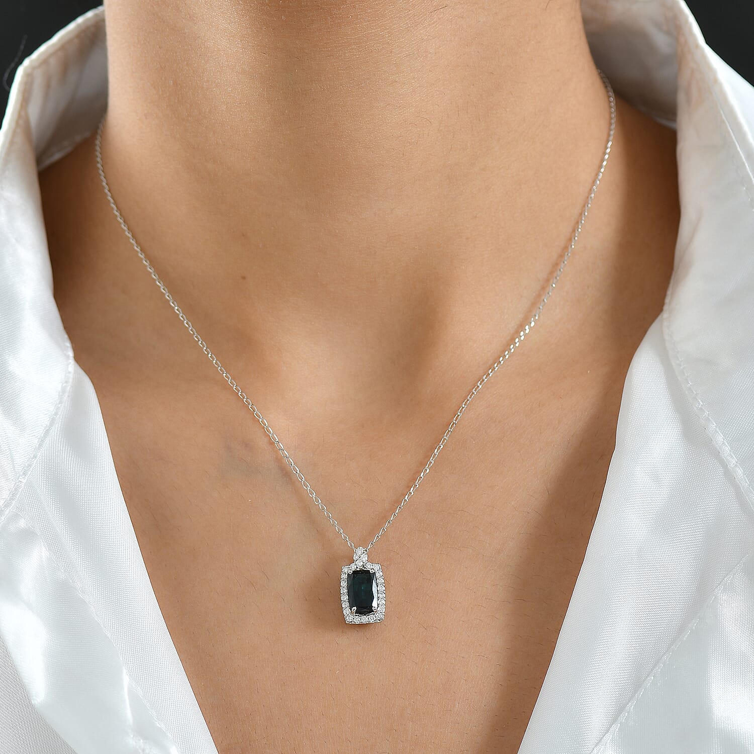RHAPSODY 950 Platinum AGI Certified Indicolite & VS-EF White Diamond Pendant with Chain (Size 21) 2.00 Ct, Platinum Wt. 4.80 Gms