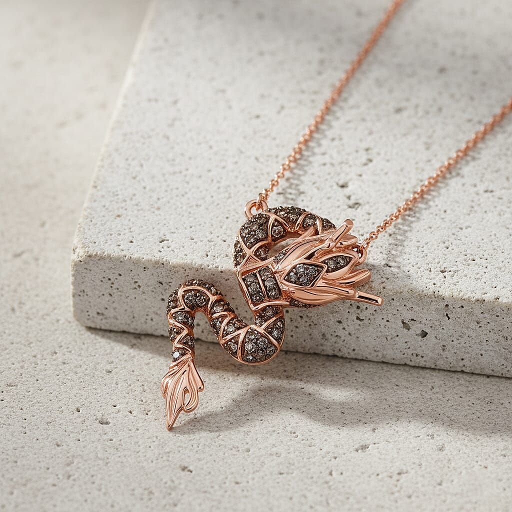 GP - Dragon Collection Champagne Diamond (SI-CP), Kanchanaburi Blue Sapphire & Green Diamond Pendant with Chain (Size 20) in 18K Vermeil Rose Gold Plated Sterling Silver 0.27 Ct.