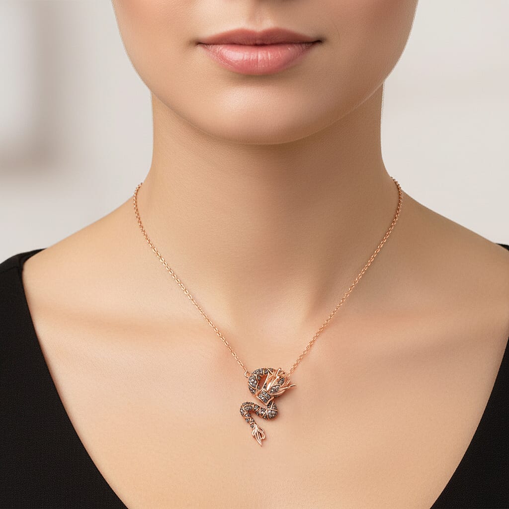 GP - Dragon Collection Champagne Diamond (SI-CP), Kanchanaburi Blue Sapphire & Green Diamond Pendant with Chain (Size 20) in 18K Vermeil Rose Gold Plated Sterling Silver 0.27 Ct.