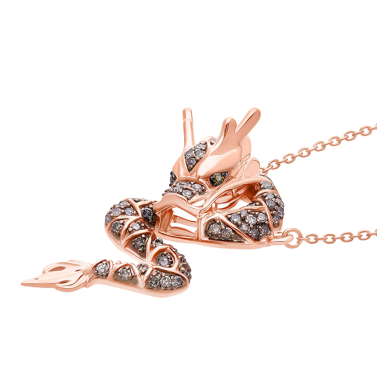 GP - Dragon Collection Champagne Diamond (SI-CP), Kanchanaburi Blue Sapphire & Green Diamond Pendant with Chain (Size 20) in 18K Vermeil Rose Gold Plated Sterling Silver 0.27 Ct.