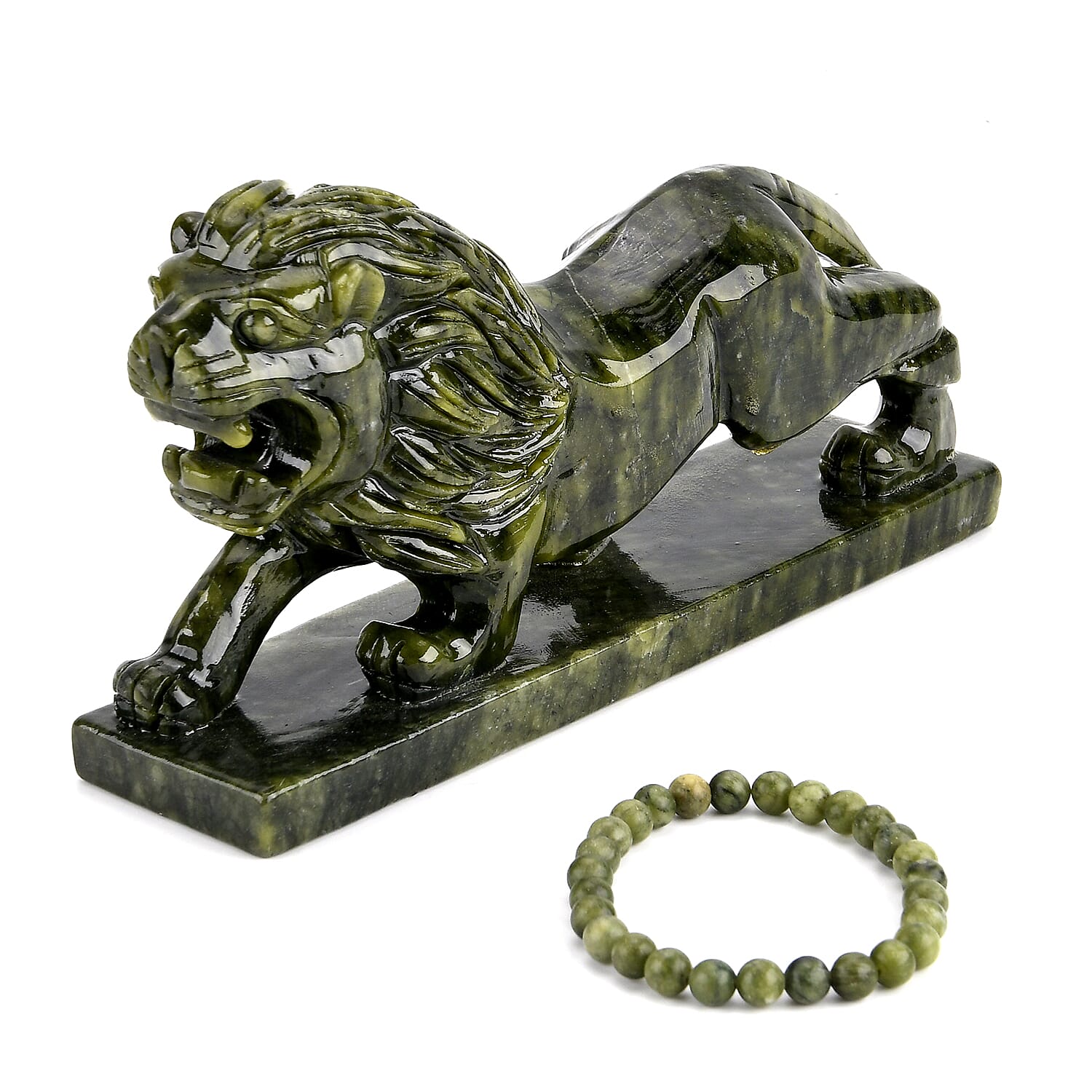 TJC EXCLUSIVE - Extremely Rare Hand  Chinese Jade (Serpentine) Carved Lion Figurine with Bracelet (Size 7.5 Strechable) 6695.00 Ct.