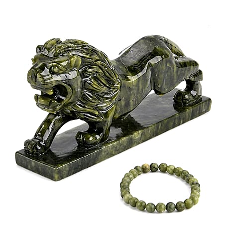 TJC EXCLUSIVE - Extremely Rare Hand  Chinese Jade (Serpentine) Carved Lion Figurine with Bracelet (Size 7.5 Strechable) 6695.00 Ct.